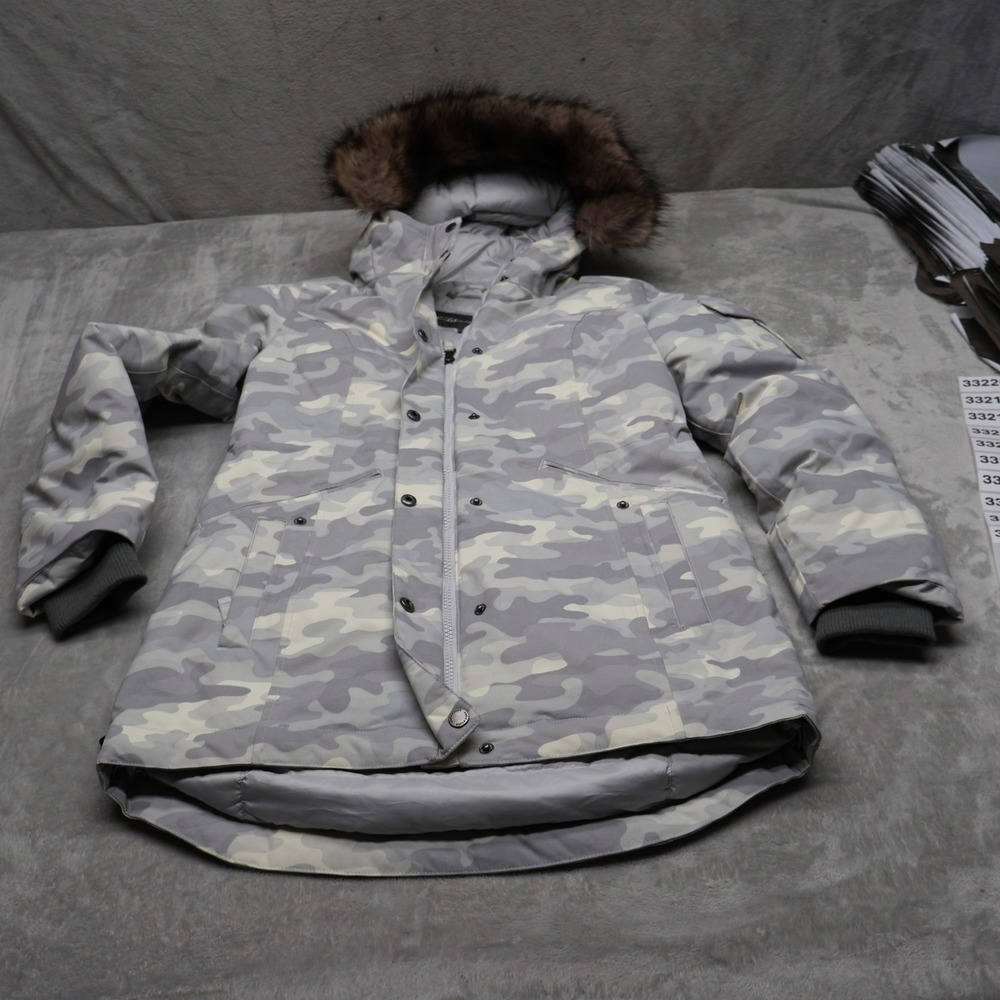 Eddie Bauer Down Jacket Womens Small White Camo Faux Fur Trim Insulated Parka
